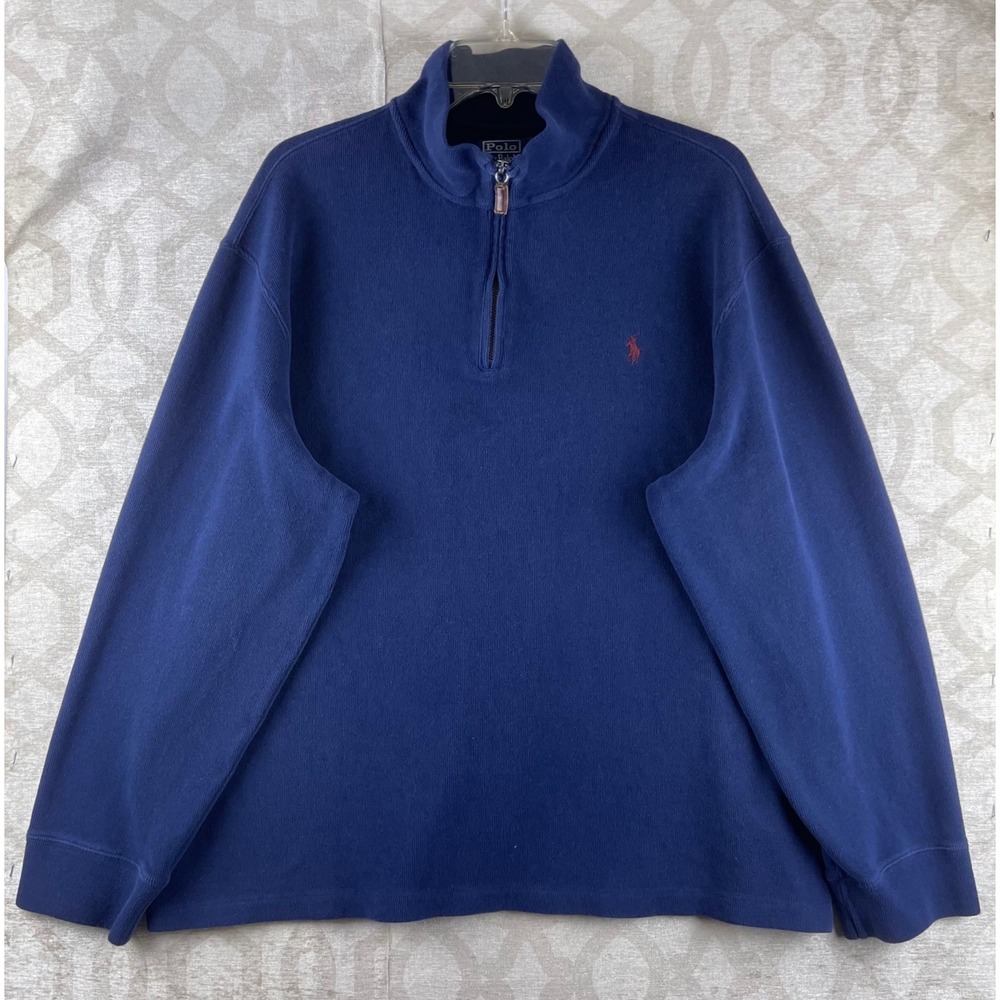 Polo Ralph Lauren Mens XXL Navy Blue 1/4 Zip Cotton Ribbed Pullover Sweater Logo